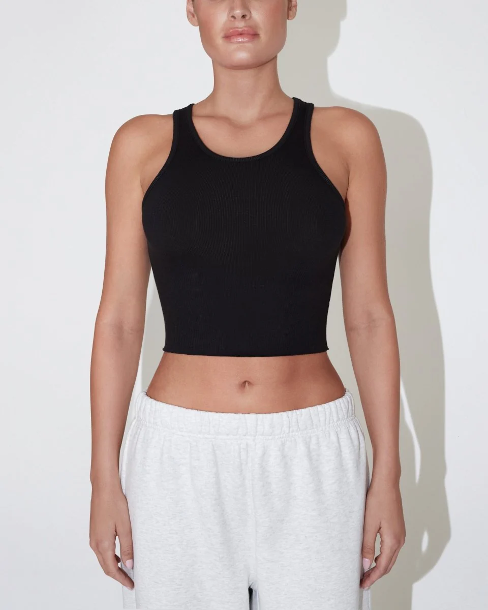 Cropped Raw Hem Rib Tank | Black - Image 3