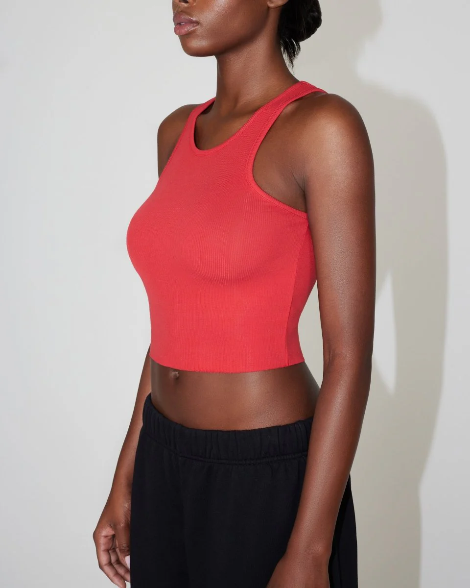 Cropped Raw Hem Rib Tank | Red - Image 3