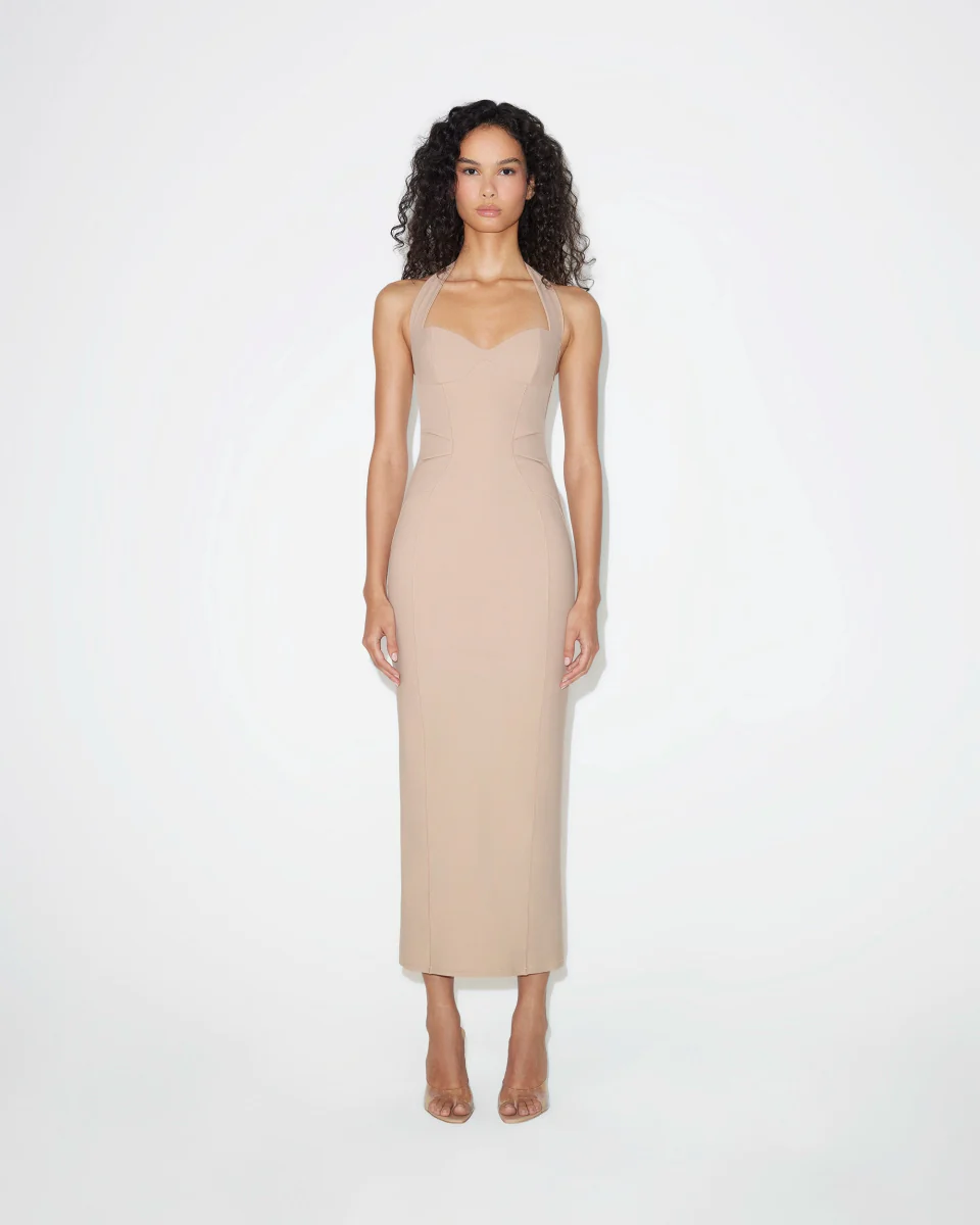 Fitted Halter Dress | Beige - Image 3