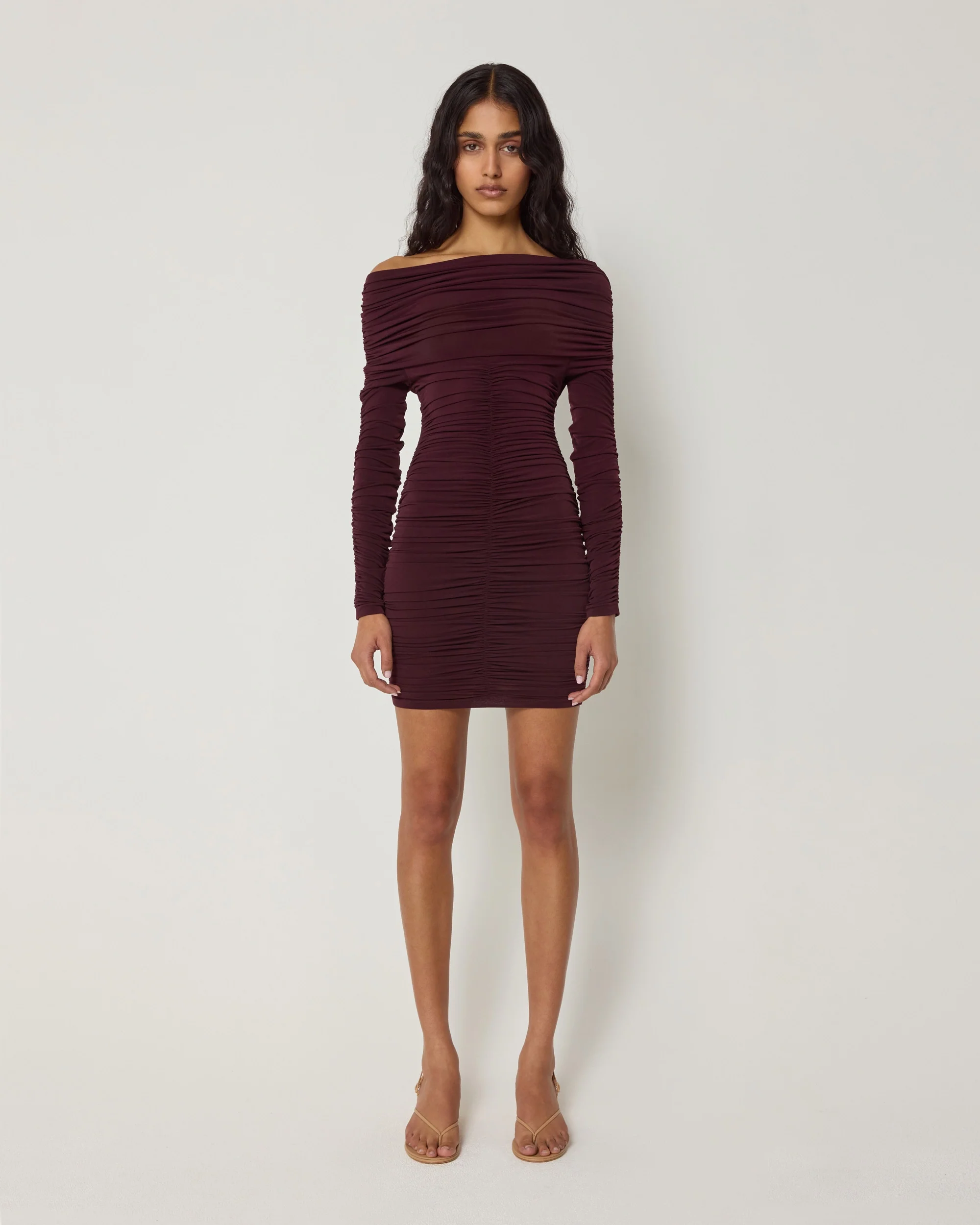 Long Sleeve Ruched Mini Dress | Black Cherry - Image 3