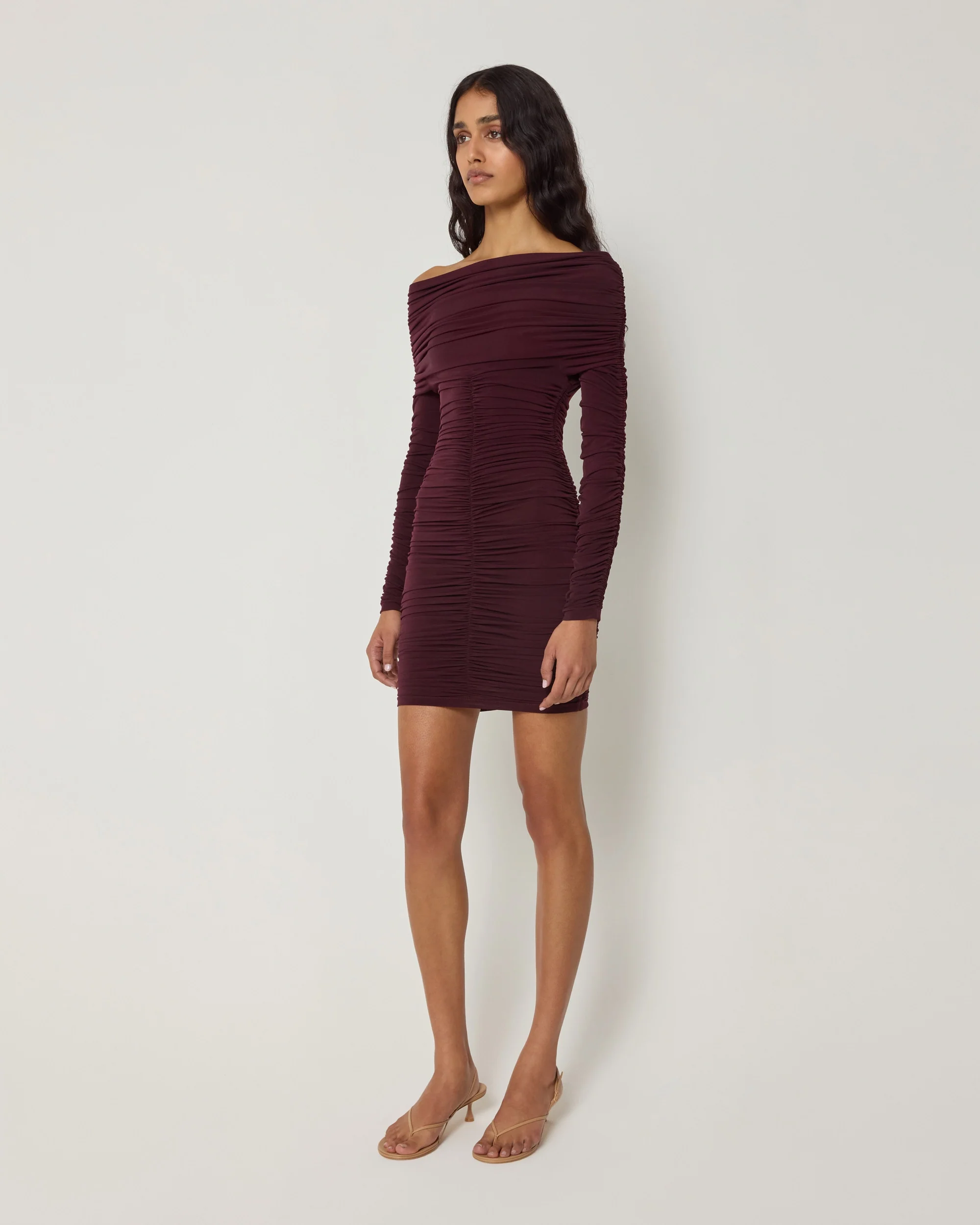 Long Sleeve Ruched Mini Dress | Black Cherry - Image 4