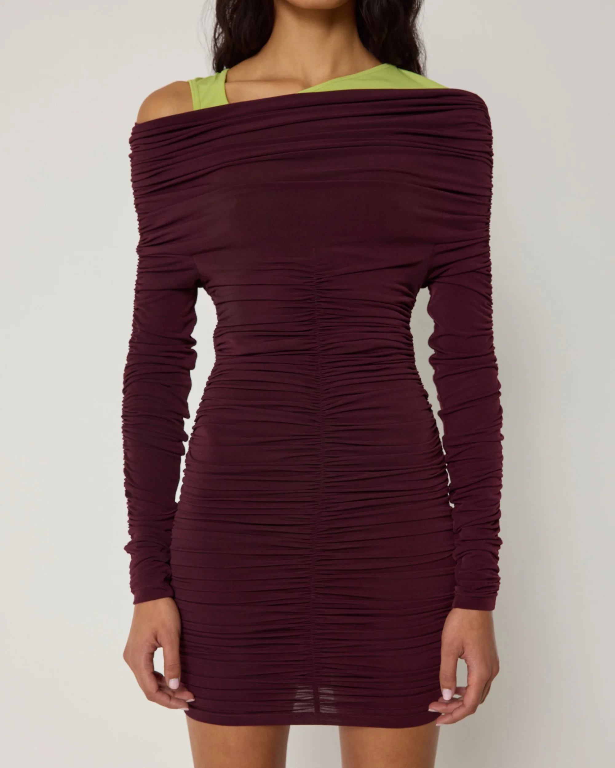 Long Sleeve Ruched Mini Dress | Black Cherry - Image 8