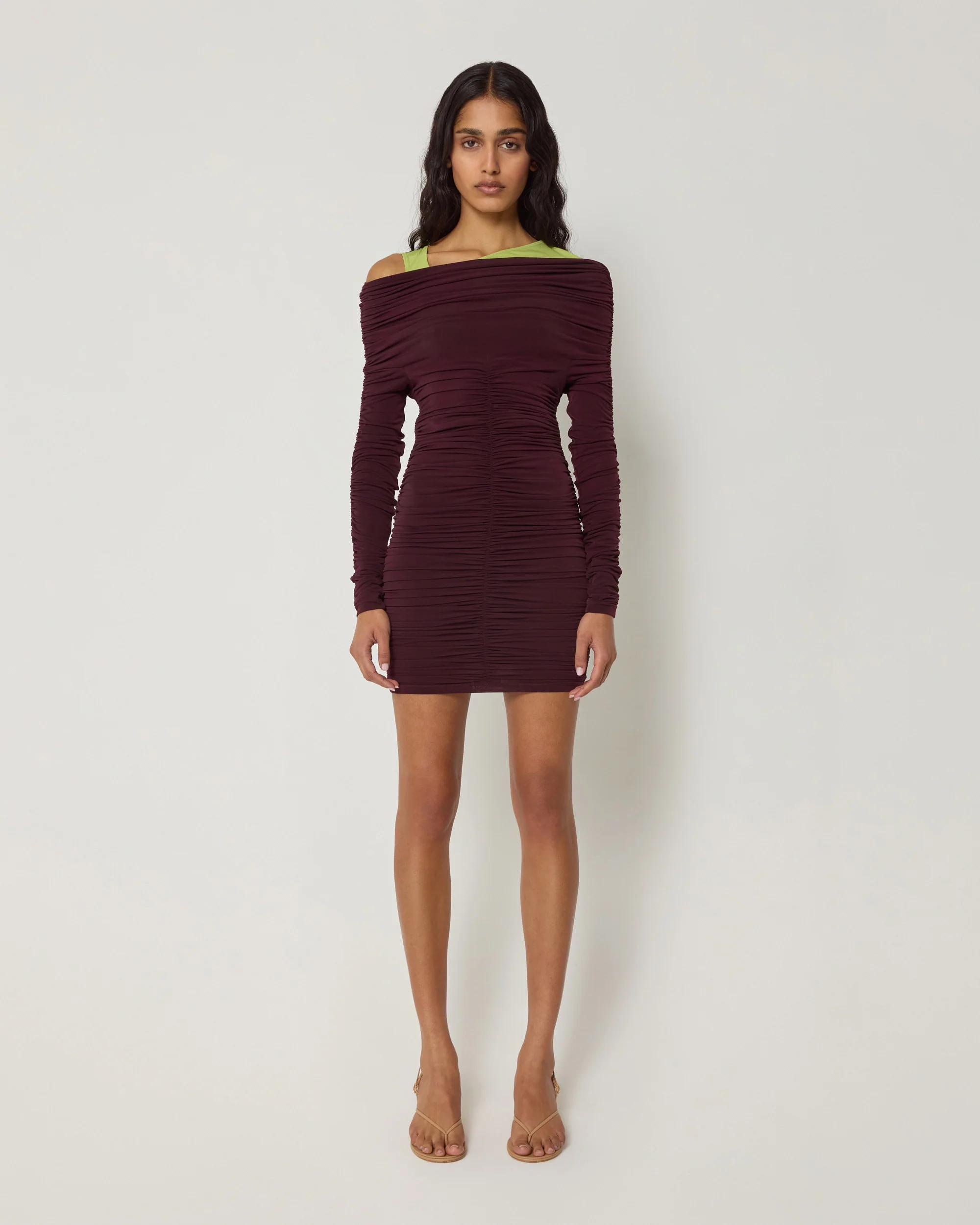Long Sleeve Ruched Mini Dress | Black Cherry - Image 9