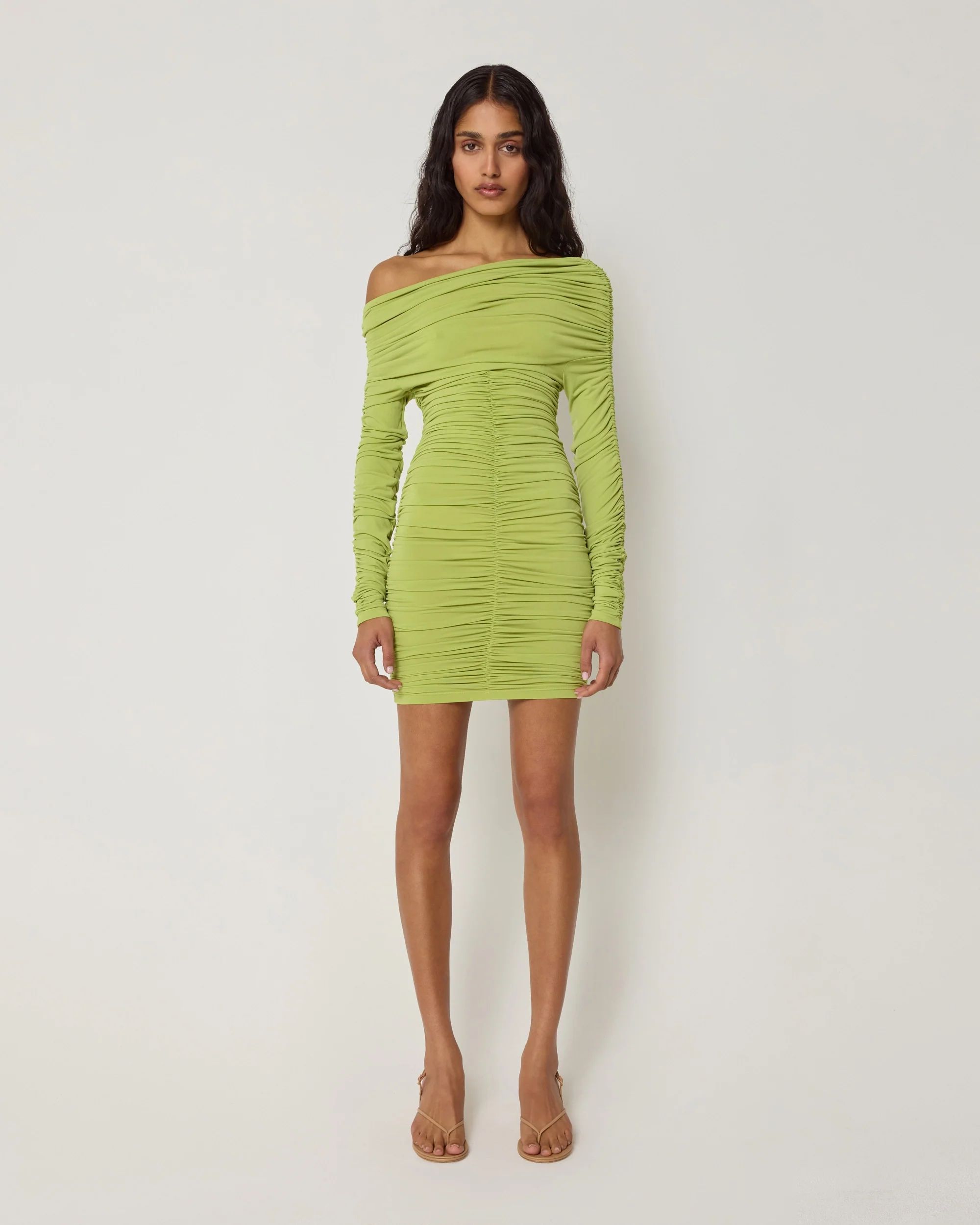 Long Sleeve Ruched Mini Dress | Dark Citron - Image 3