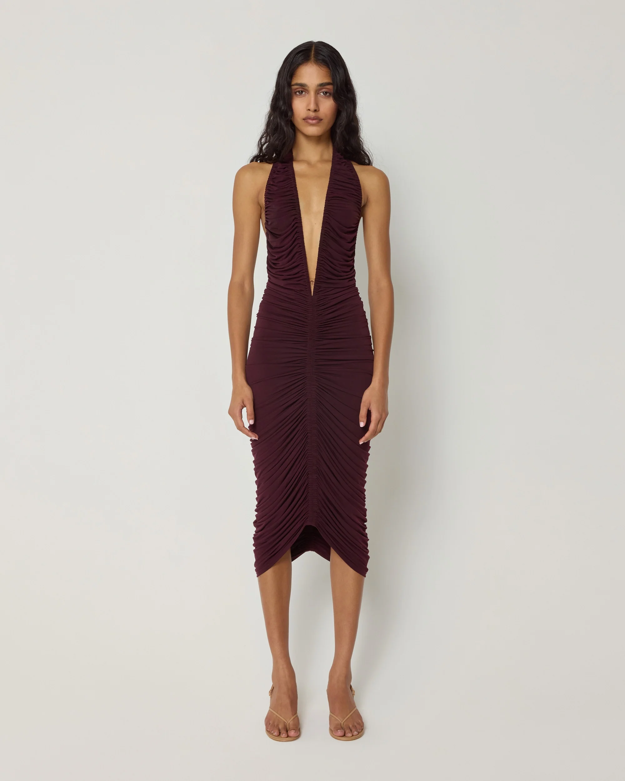 Plunging Ruched Midi Dress | Black Cherry - Image 3