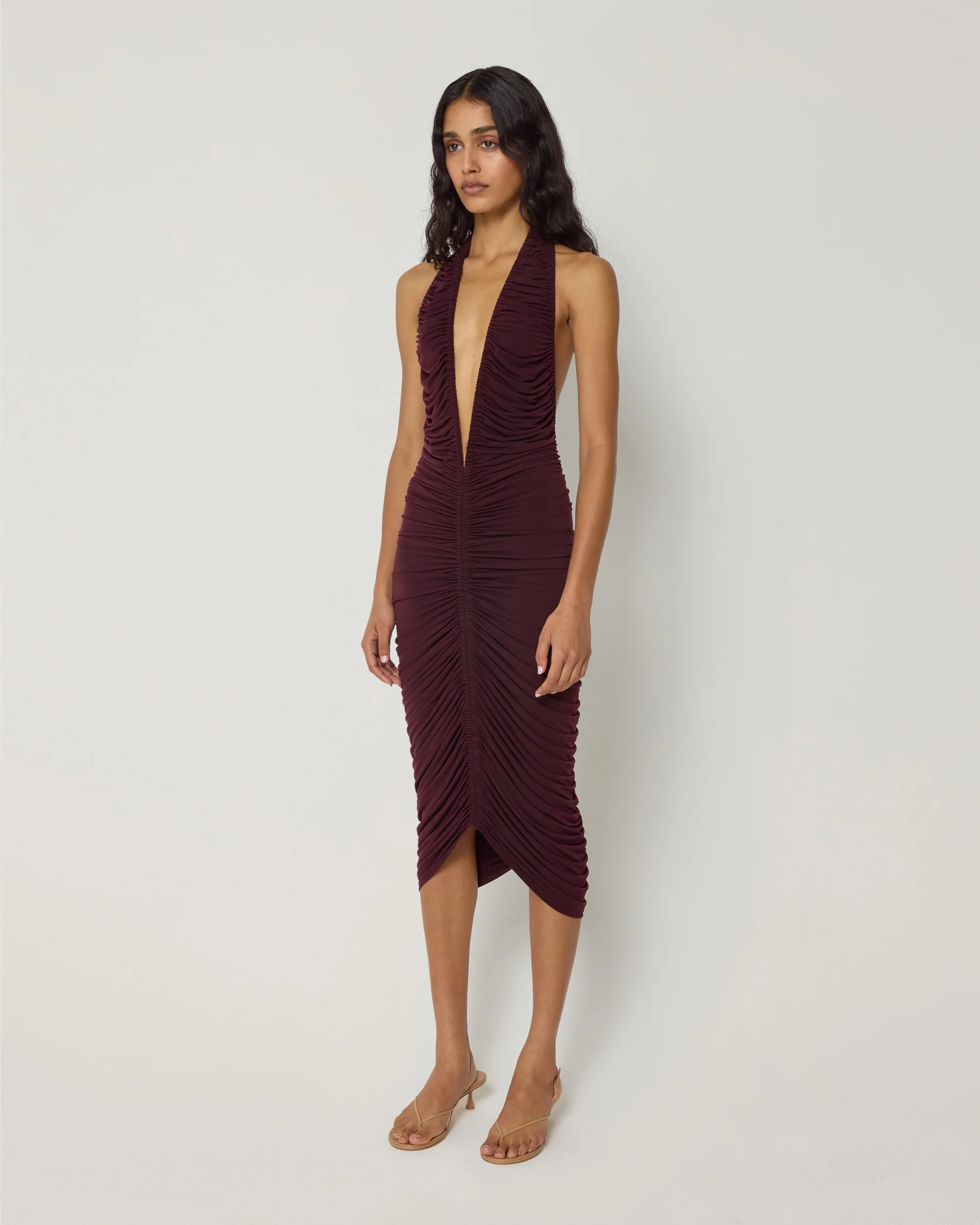 Plunging Ruched Midi Dress | Black Cherry - Image 4