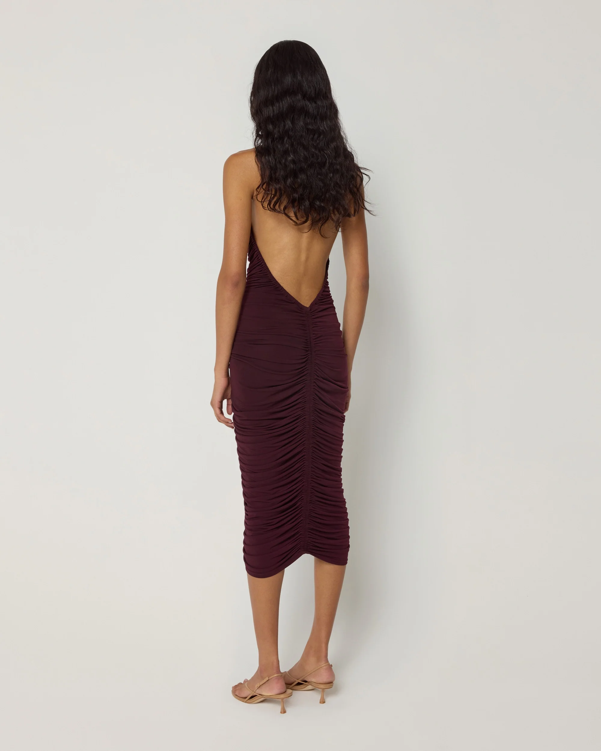 Plunging Ruched Midi Dress | Black Cherry - Image 5