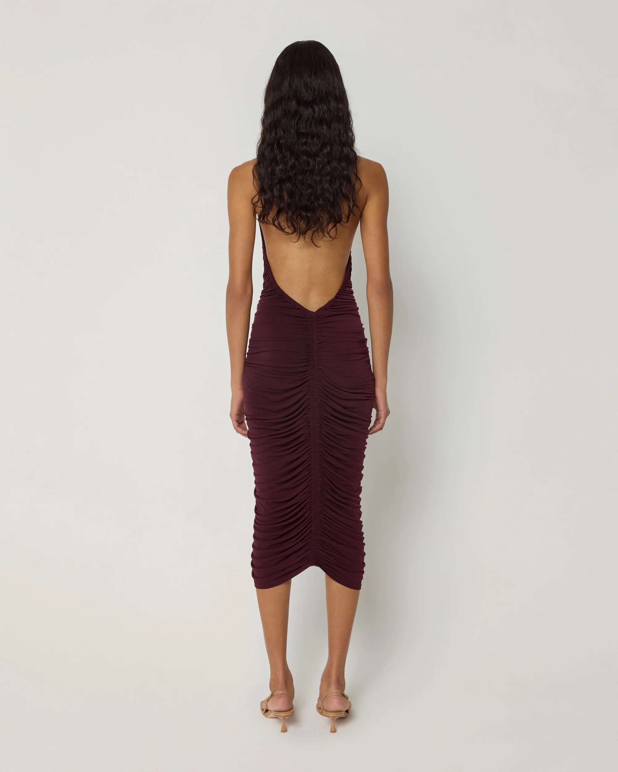 Plunging Ruched Midi Dress | Black Cherry - Image 6