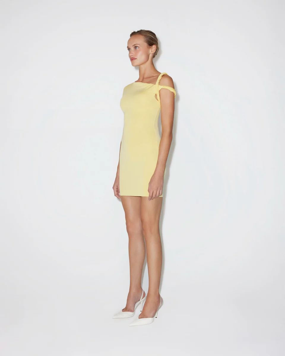 Sueded Stretch Twist Mini Dress | Butter Yellow - Image 4