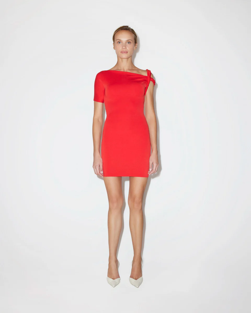 Sueded Stretch Twist Mini Dress | Tomato - Image 3
